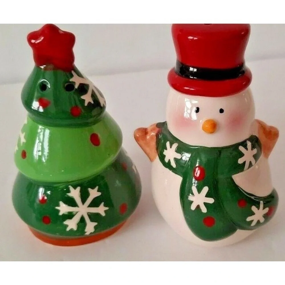 Vtg Boston Warehouse Santa Spreaders 12-128 & Snowman Tree Salt Pepper Shakers
